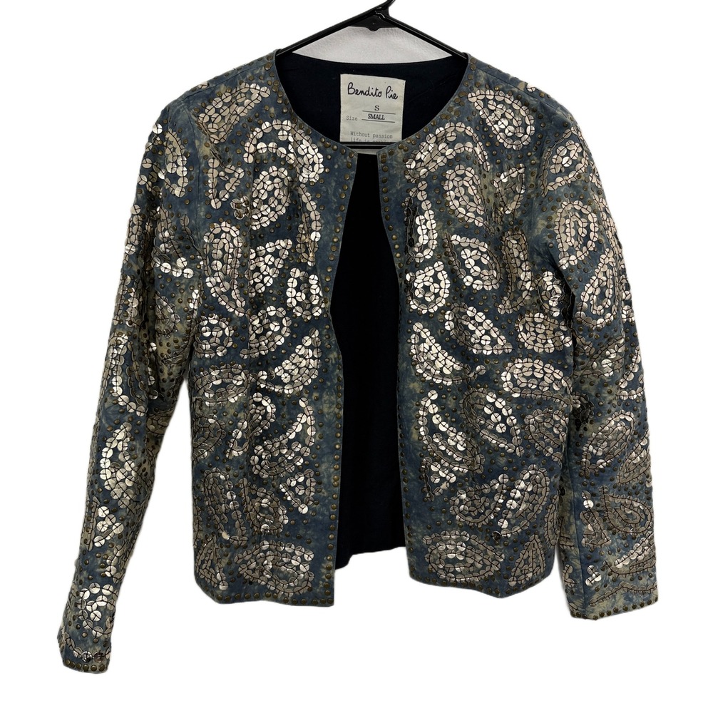 Bendito Pie Jacket Womens Small Blue Studded Sequin Paisley Boho Open